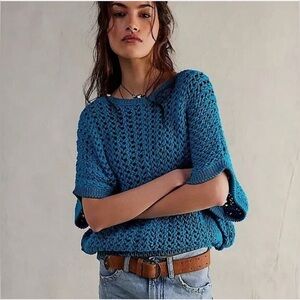 Free People “We The Free” Ocean Palace Blue Open-Knit Cotton Sweater – Size S